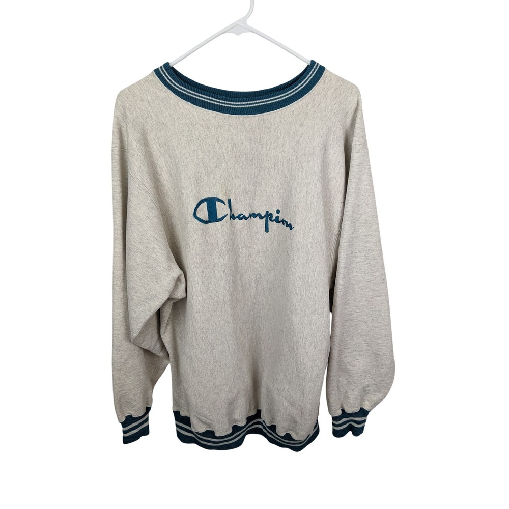 Vintage Champion Reverse Weave Sweatshirt XXL‎ Oatmeal Teal Striped Made in USA